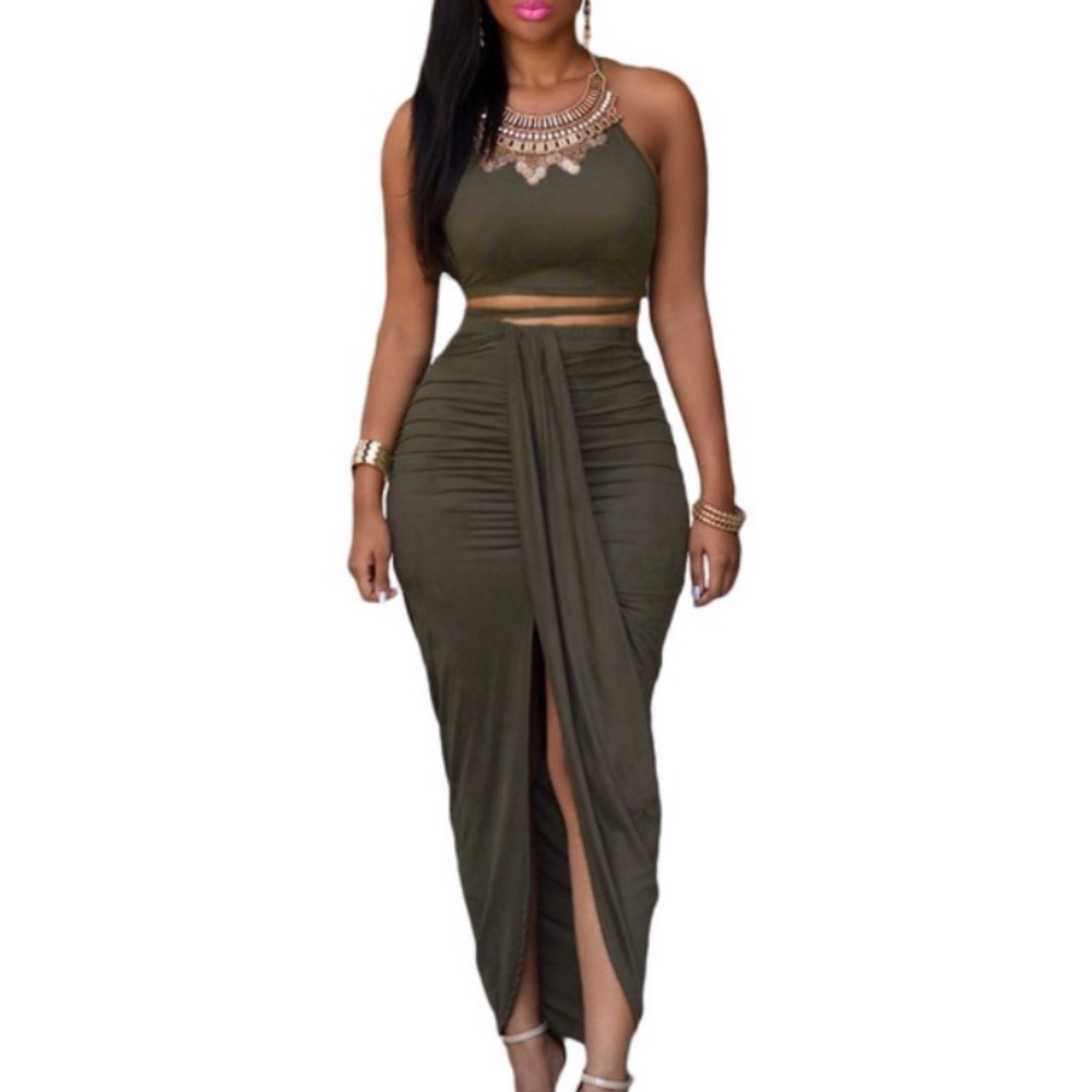 Faux suede maxi skirt set